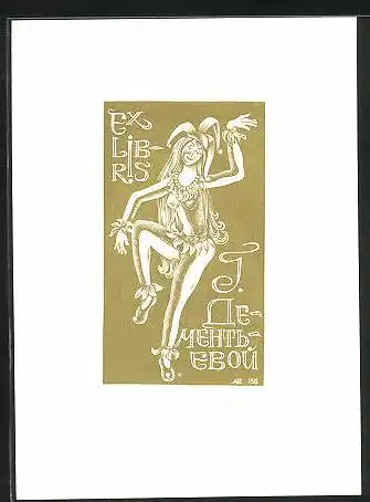 Exlibris J. Mehtb Ebou, Frau als Clown verkleidet