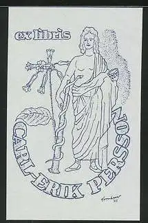 Exlibris Carl-Erik Persson, Mediziner mit Asklepiosstab und Heilpflanze