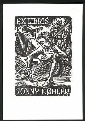 Exlibris Jonny Kohler, Mann mit Degen liest ein Buch