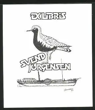 Exlibris Svend Jörgensen, Vogel steht auf einem Bein, Schiff