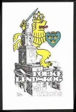 Exlibris Folke Lindskog, Kirchturm, Löwe mit Krone u. Schwert