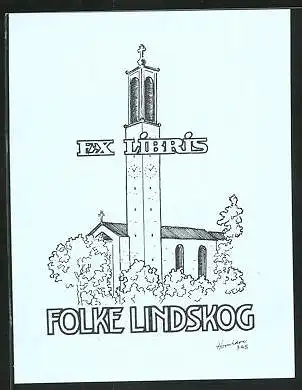 Exlibris Folke Lindskog, Kirche mit Glockenturm