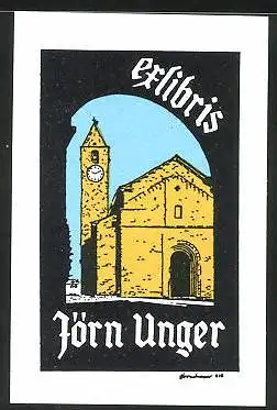 Exlibris Jörn Unger, Romanische Kirche mit Glockenturm