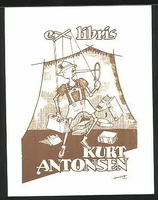 Exlibris Kurt Antonsen, Pinocchio mit langer Nase und Büchern