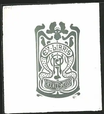 Exlibris Holzschnitt, Buchstaben, Rankenornamentik