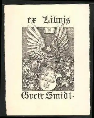 Exlibris Grete Smidt, Wappen mit Sternen, Flügeln, Ritterhelm