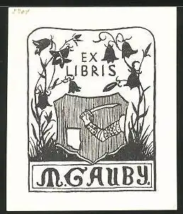 Exlibris M. Gauby, Wappen mit Krieger und Schwert, Glockenblumen