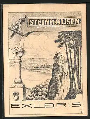 Exlibris Steinhausen, Schloss auf Felsen, Schwert, Dreieck