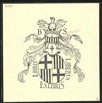 Exlibris B. S., Ritterhelm mit Drachen, Wappen
