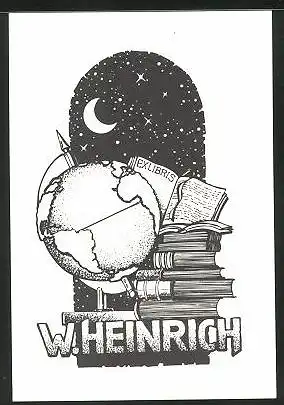 Exlibris W. Heinrich, Globus, Bücher, Sternenhimmel