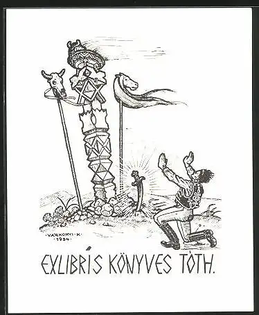 Exlibris Könyves Tóth., Wanderer betet Statue an