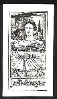 Exlibris Jan de Schuyter, Segelschiff & Büste