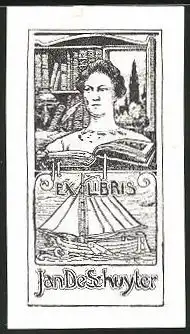 Exlibris Jan de Schuyter, Segelschiff & Büste