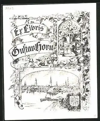Exlibris Gustav Horn, Ritterhelm, Einhorn, Stadtansicht
