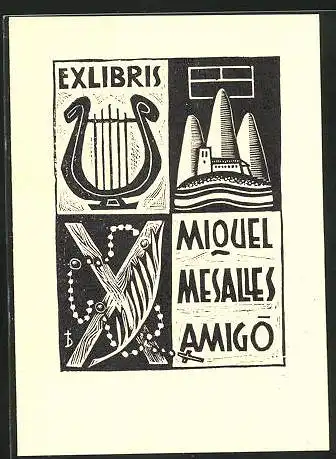 Exlibris Miquel Mesalles Amigo, Leier, Berggruppe, Rosenkranz