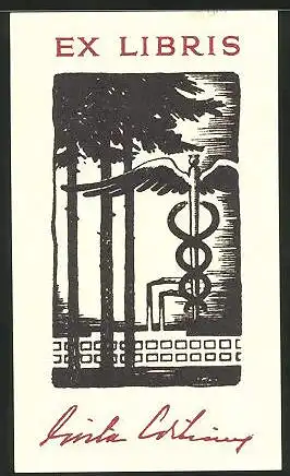 Exlibris Evert Mardell, Äskulapstab und Tannen