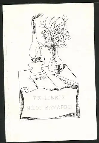 Exlibris Nilde Bizzarro, Öllampe, Blumen und Poesieheft