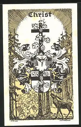 Exlibris Wappen mit Kreuz, Hirsch und Kirche