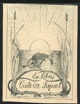 Exlibris Victoire Liquet, Fisch schwimmt im Wasser, Sonnenaufgang