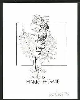 Exlibris Harry Howie, Gesicht im Profil, Farngewächs