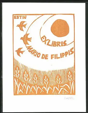 Exlibris Mario de Filippis, Schwalben fliegen über Getreidefeld