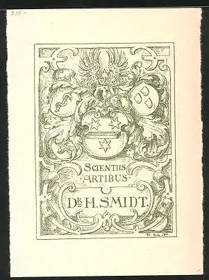 Exlibris Dr. H. Schmidt, Wappen mit Sternen, Ranken, Asklepsiosstab, Flügeln