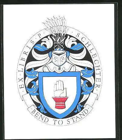 Exlibris P. Schlechter, Wappen mit Hand, Ähren und Ritterrüstung