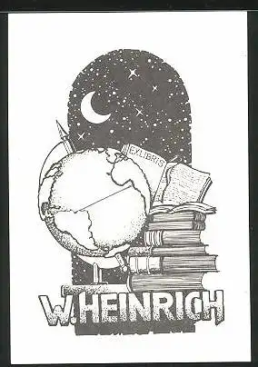Exlibris W. Heinrich, Globus, Sternenhimmel, Bücher