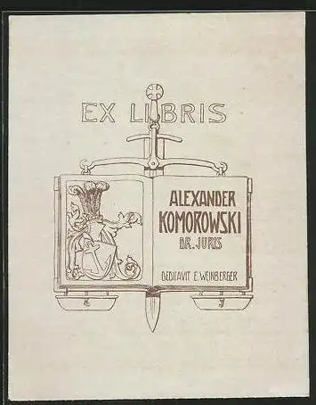 Exlibris Alexander Komorowski, Waage mit Schwert und Buch