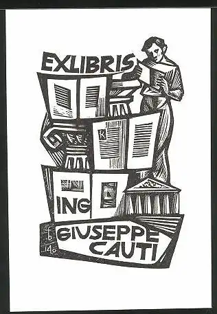 Exlibris Giuseppe Cauti, Mann liest ein Buch, Tempelsäule