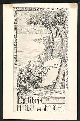 Exlibris Hans Habenicht, Andenken mit Buch, Pickelhaube und Dolch