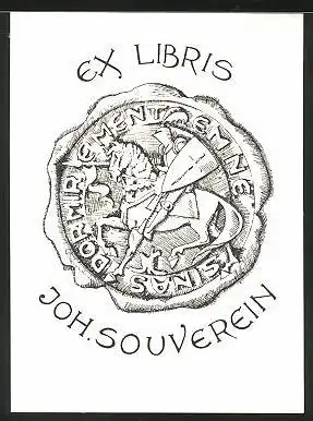 Exlibris Joh. Souverein, Wappen mit Ritter auf Pferd