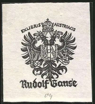 Exlibris Rudolf Ganse, Wappen mit Doppel-Adler u. Krone