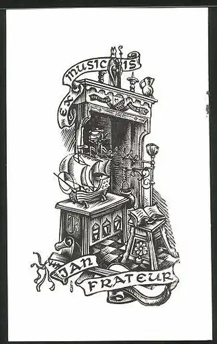 Exlibris Jan Frateur, Modellschiff und Arbeitstisch