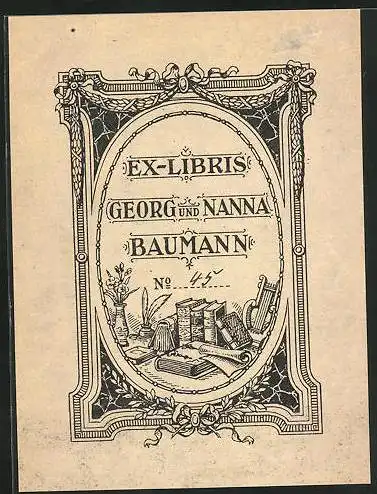 Exlibris Georg u. Nanna Baumann, Bücher, Leier und Schreibfedern