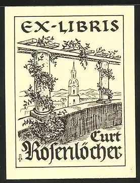 Exlibris Curt Rosenlöcher, Rosenrondell mit Kirchblick