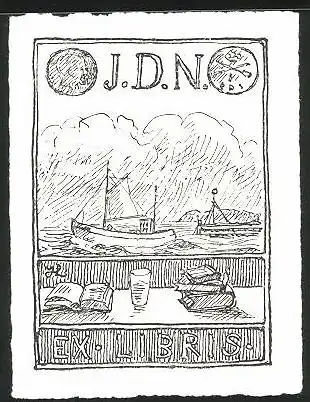 Exlibris J. D. N., Schiffe und Bücher
