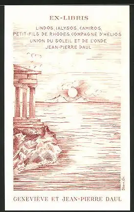 Exlibris Genevieve et Jean-Pierre Daul, Griechischer Tempel am Meer mit Sonnenuntergang