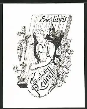 Exlibris Frantisek Raindl, Schreinermeister mit Werkzeug, Kirche, Holz