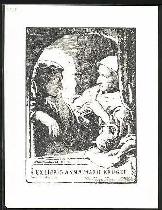 Exlibris Anna Marie Krüger, Zwei Mönche in Gewändern blicken sich an