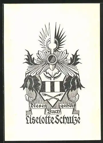Exlibris Liselotte Schulze, Wappen, Hörner, Blätterranken