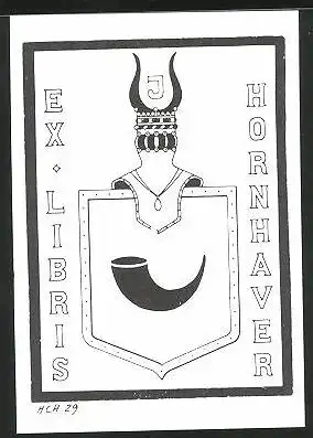 Exlibris Hornhaver, Wappen mit Horn, Ritterrüstung mit Hörnern