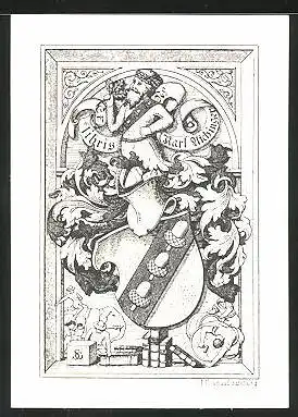 Exlibris Karl Aichinger, Wappen mit Eicheln, Blattranken