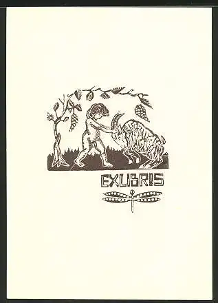 Exlibris Ziegenbock gegen kleinen Mann