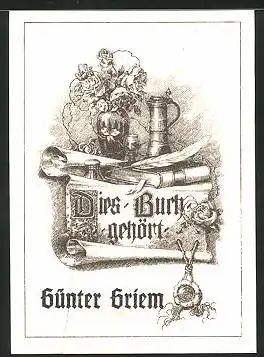 Exlibris Günter Griem, Krug, Feder, Buch