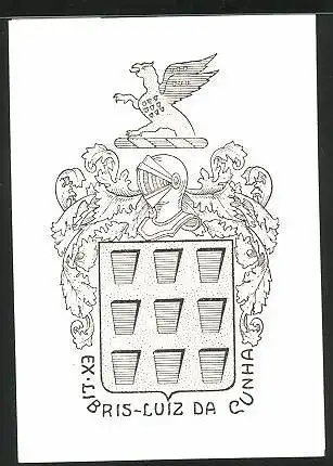 Exlibris Luiz da Cunha, Wappen mit Ritterhelm, Greif