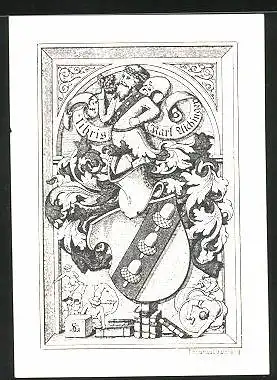 Exlibris Karl Uichinger, Bamberg, Wappen mit Ritterhelm und König