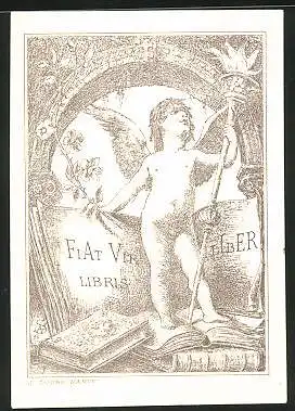 Exlibris Fiat Vir, Engel mit Fackel und Blumen