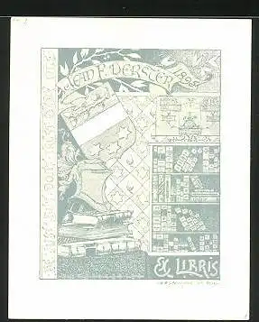 Exlibris Jean F. Verster, Ritterhelm mit Bücherregal, Wappen mit Eichenblatt