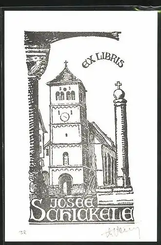 Exlibris Josee Schickele, Kirche mit Denkmal